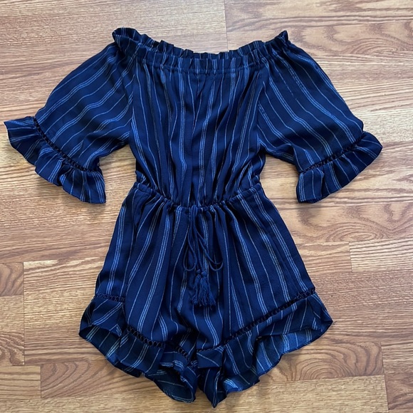Navy Blue Off Shoulder Striped Romper - Picture 1 of 5